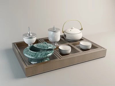 Elegant Ceramic Tea Set with White Teapot Green Mortar and Cups on Wooden Tray 3d model