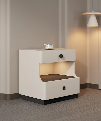 Modern White Bedside Table With Two Drawers Lighted Shelf And White Cup 3d model