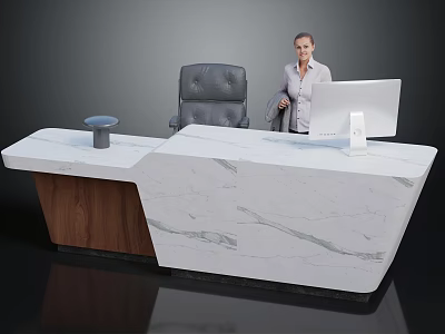 Modern Reception Desk With White Marble Top Wooden Base Gray Chair And Computer Monitor 3d model