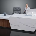 Modern Reception Desk With White Marble Top Wooden Base Gray Chair And Computer Monitor