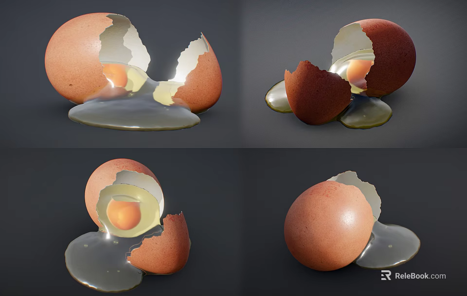 Cracked Brown Egg With Runny Yolk And Flowing Egg White On Dark Background 3d model 