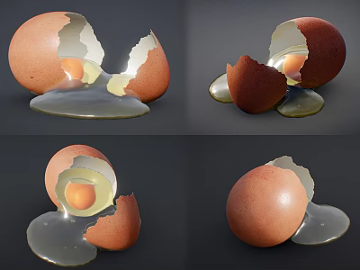 Cracked Brown Egg With Runny Yolk And Flowing Egg White On Dark Background 3d model