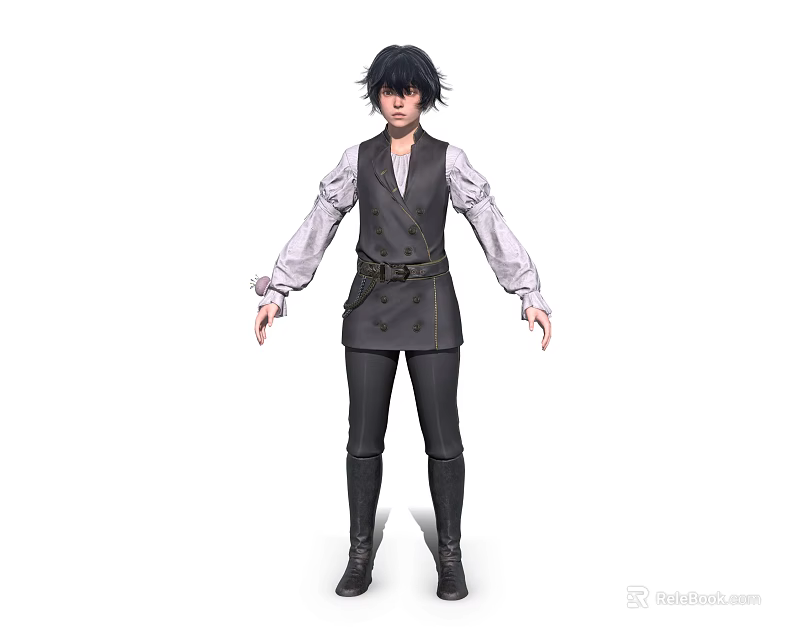 Woman In White Long Sleeve Shirt Dark Vest Black Pants Boots With Black Short Hair 3d model 