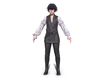 Woman In White Long Sleeve Shirt Dark Vest Black Pants Boots With Black Short Hair 3d model
