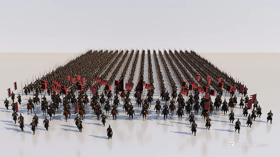 Many Soldiers Arranged in Formation With Red Flags on Open Field 3d model 
