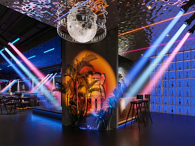 Stylish Bar Interior With Neon Lights Art Decor And Moon Lamp 3d model