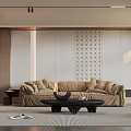 Modern Living Room Interior With Brown Sofa Black Coffee Table Floor Lamp And Wall Decor