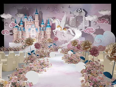 Fairy Tale Themed Banquet Hall with Pink Castle White Unicorn Pink Flowers and Cloud Decorations 3d model