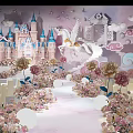 Fairy Tale Themed Banquet Hall with Pink Castle White Unicorn Pink Flowers and Cloud Decorations