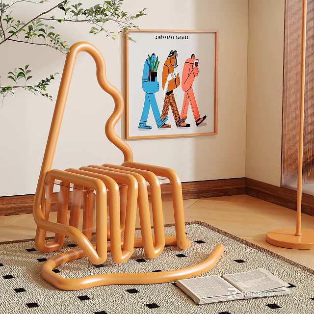 Modern Orange Curved Tube Design Chair with Artwork Floor Lamp and Wooden Floor 3d model 