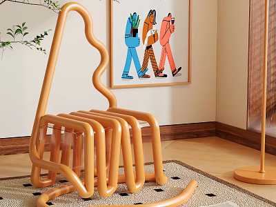 Modern Orange Curved Tube Design Chair with Artwork Floor Lamp and Wooden Floor 3d model