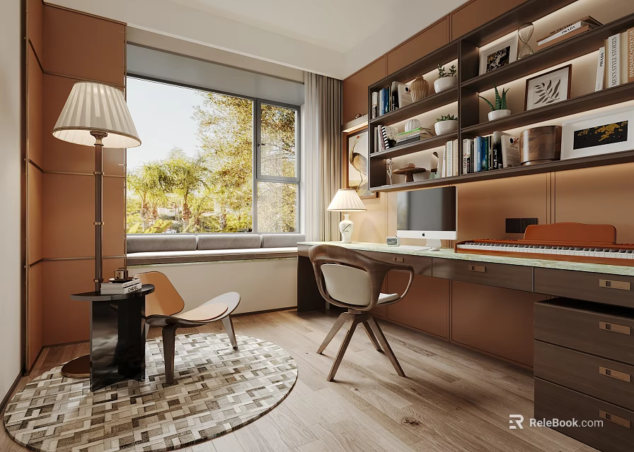 Contemporary Study Room Interior Design With Large Window Built in Bookshelves Wooden Desk And Chair 3d model 