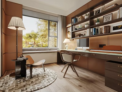 Contemporary Study Room Interior Design With Large Window Built in Bookshelves Wooden Desk And Chair 3d model