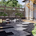 Japanese Courtyard Garden With Wooden Gate Stone Lanterns Orange Tree Stone Path And Gravel