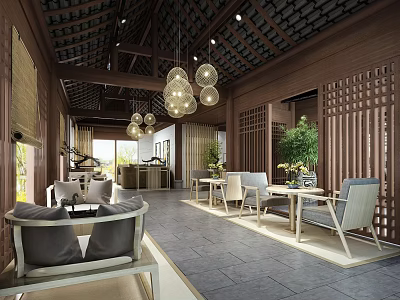 Elegant Teahouse Interior With Wooden Structure Hanging Lamps Green Plants And Comfortable Seating 3d model