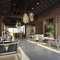 Elegant Teahouse Interior With Wooden Structure Hanging Lamps Green Plants And Comfortable Seating