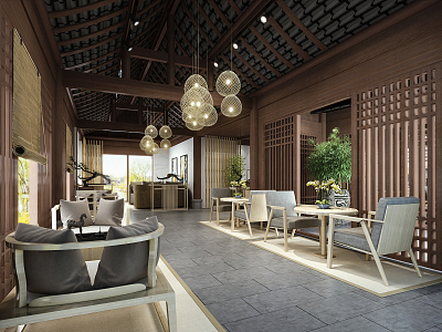 New Chinese Teahouse Hall 3d model