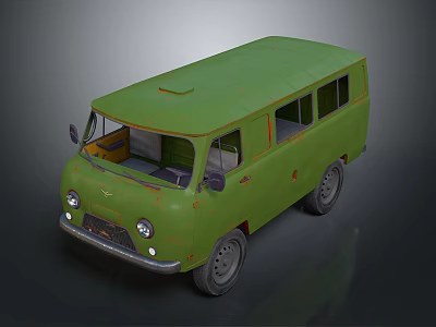 Old-fashioned Green Bus Exterior With Rusty Body And Retro Design Features 3d model