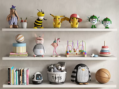 Playful Decorative Ornament Set With Stuffed Toys Figurines Books And Shelf 3d model