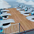 Industrial Marine Vessel Deck With White Sunshades Railings Wooden Flooring And Lounge Chairs