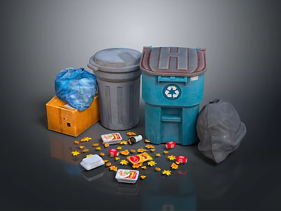 Household Waste Management Supplies Including Trash Bins Recycling Containers And Garbage Bags 3d model