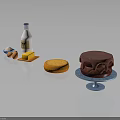Chocolate Cake Display With Milk Eggs Butter Flour and Orange Pastry on Blue Stand