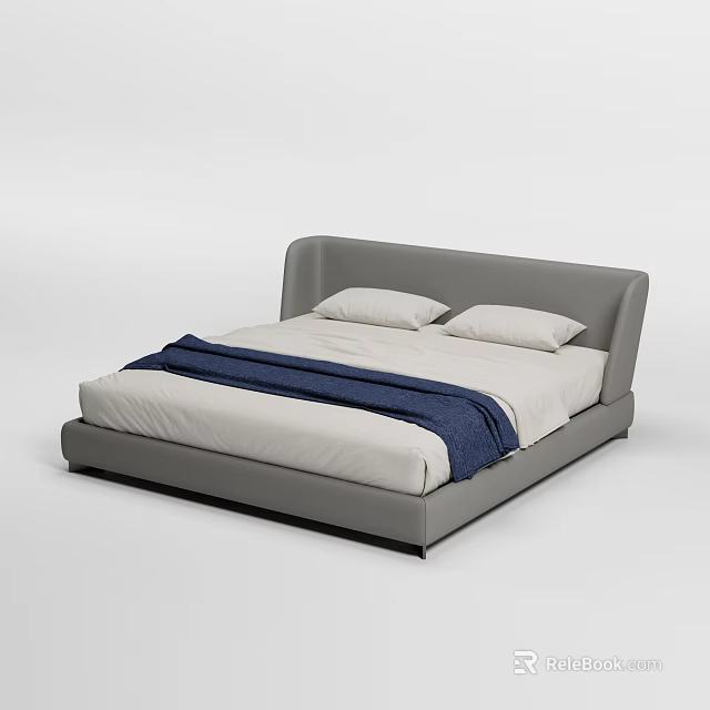 Modern Double Bed With Gray Headboard White Pillows And Navy Blue Blanket 3d model 