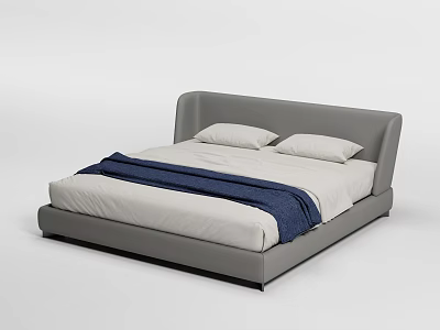 Modern Double Bed With Gray Headboard White Pillows And Navy Blue Blanket 3d model