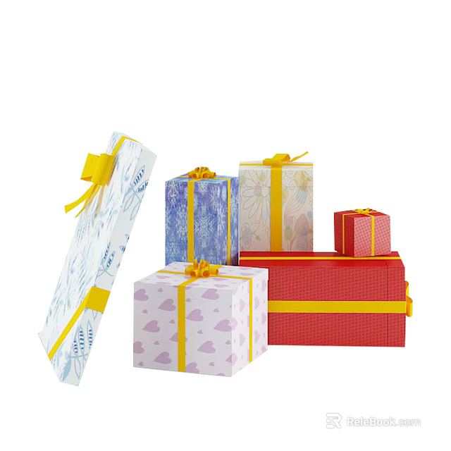 Colorful Gift Boxes With Yellow Ribbons Various Patterns And Sizes Stacked 3d model 
