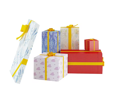 Colorful Gift Boxes With Yellow Ribbons Various Patterns And Sizes Stacked 3d model
