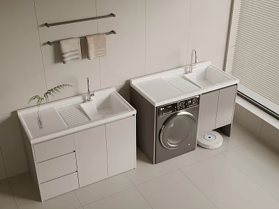 Modern Laundry Room With Washing Machine Double White Sink Cabinets And Wall Towel Rack 3d model