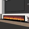 Modern Linear Fireplace With Realistic Flame Effect In Living Room With TV And Wooden Cabinets