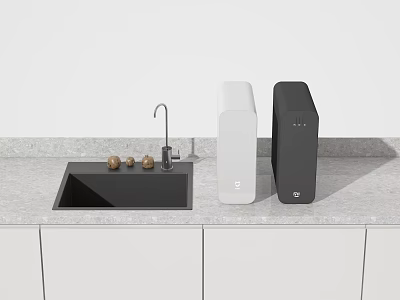 Modern Kitchen Countertop With Black Sink Faucet Golden Accessories White And Black Kitchen Appliances 3d model