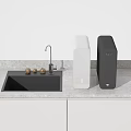 Modern Kitchen Countertop With Black Sink Faucet Golden Accessories White And Black Kitchen Appliances