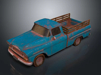 Blue Rusty Classic Pickup Truck With Wooden Bed Rails And Weathered Body 3d model