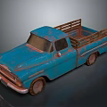 Blue Rusty Classic Pickup Truck With Wooden Bed Rails And Weathered Body