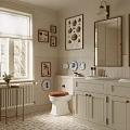 Cozy Bathroom Interior With Wooden Seat Toilet Double Sink Vanity And Framed Artworks
