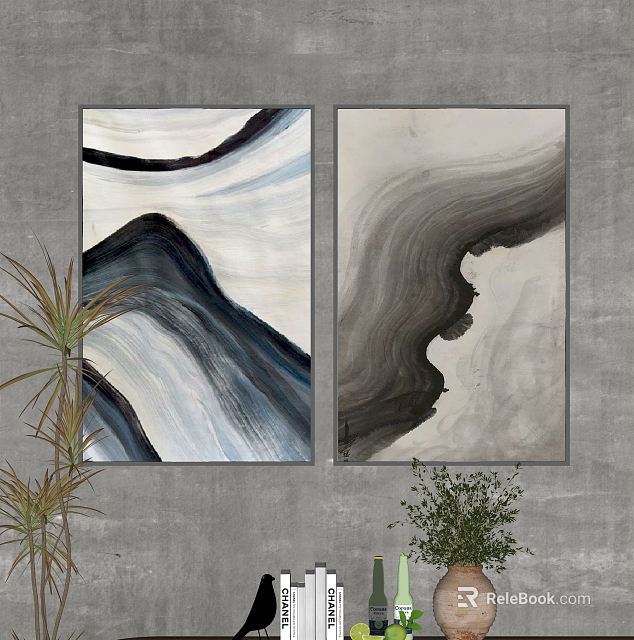 Abstract Wall Art in Black White Grey Blue Tones for Interior Decoration with Green Plants 3d model 