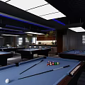 Modern Billiard Room Interior With Multiple Tables Overhead Lighting And Wall Decor 3d model
