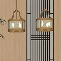 Chinese Style Chandeliers With Metal Frame Fabric Shade And Wooden Wall Lattice