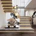 Modern Staircase Interior With Marble Steps Gold Accents Chandelier And Decorative Plants