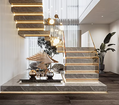 Modern Staircase Interior With Marble Steps Gold Accents Chandelier And Decorative Plants 3d model