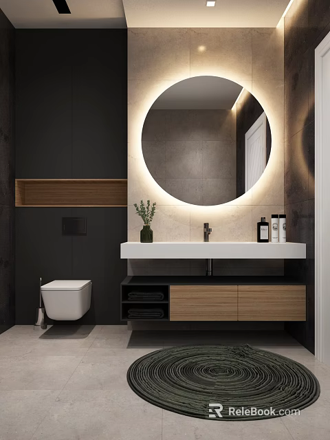 Modern Bathroom Interior With Round Illuminated Mirror White Sink Counter And Wooden Black Cabinets 3d model 
