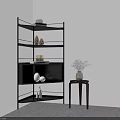 Modern Black Corner Multi Tier Shelf With Decorative Items And Side Table
