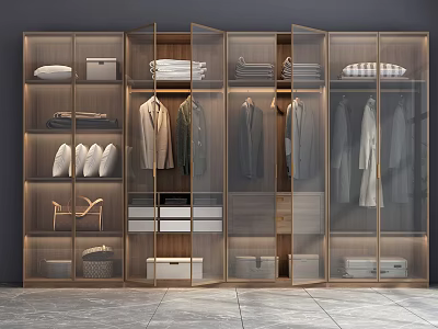 Modern Walk In Closet With Glass Doors Lighting And Storage For Clothes Shoes And Bags 3d model