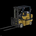 Industrial Yellow Blue Forklift With Cab And Forks On Reflective Surface