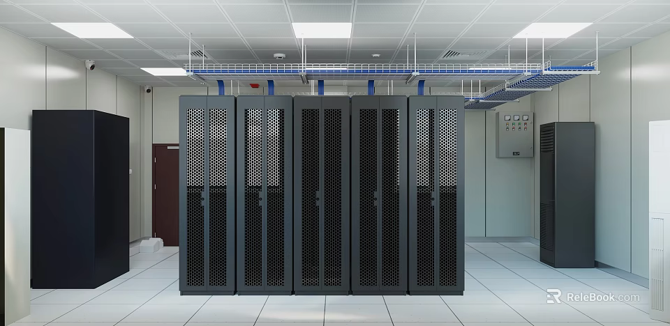Data Center Room Interior with Black Server Racks Ceiling Lights And Cable Trays 3d model