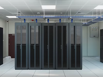 Data Center Room Interior with Black Server Racks Ceiling Lights And Cable Trays 3d model