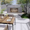 Serene Courtyard Garden With Stone Wall Rockery Stones Pergola And Green Plants