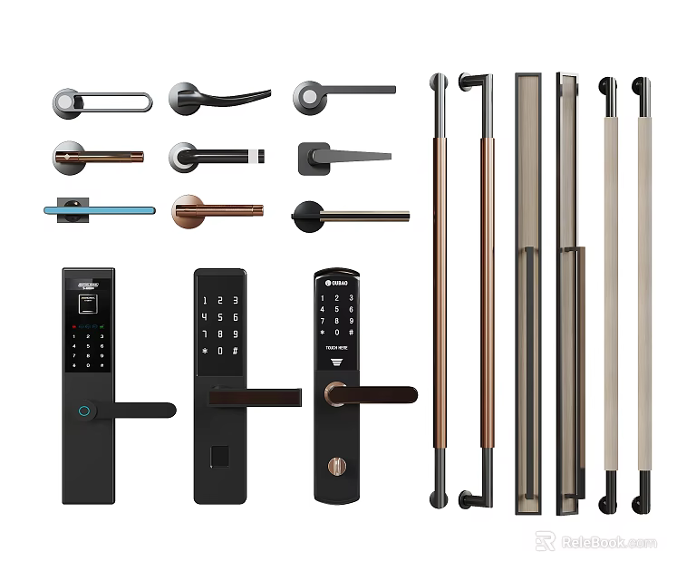 Different Types Of Door Handles With Smart Lock Lever And Long Bar Styles 3d model 